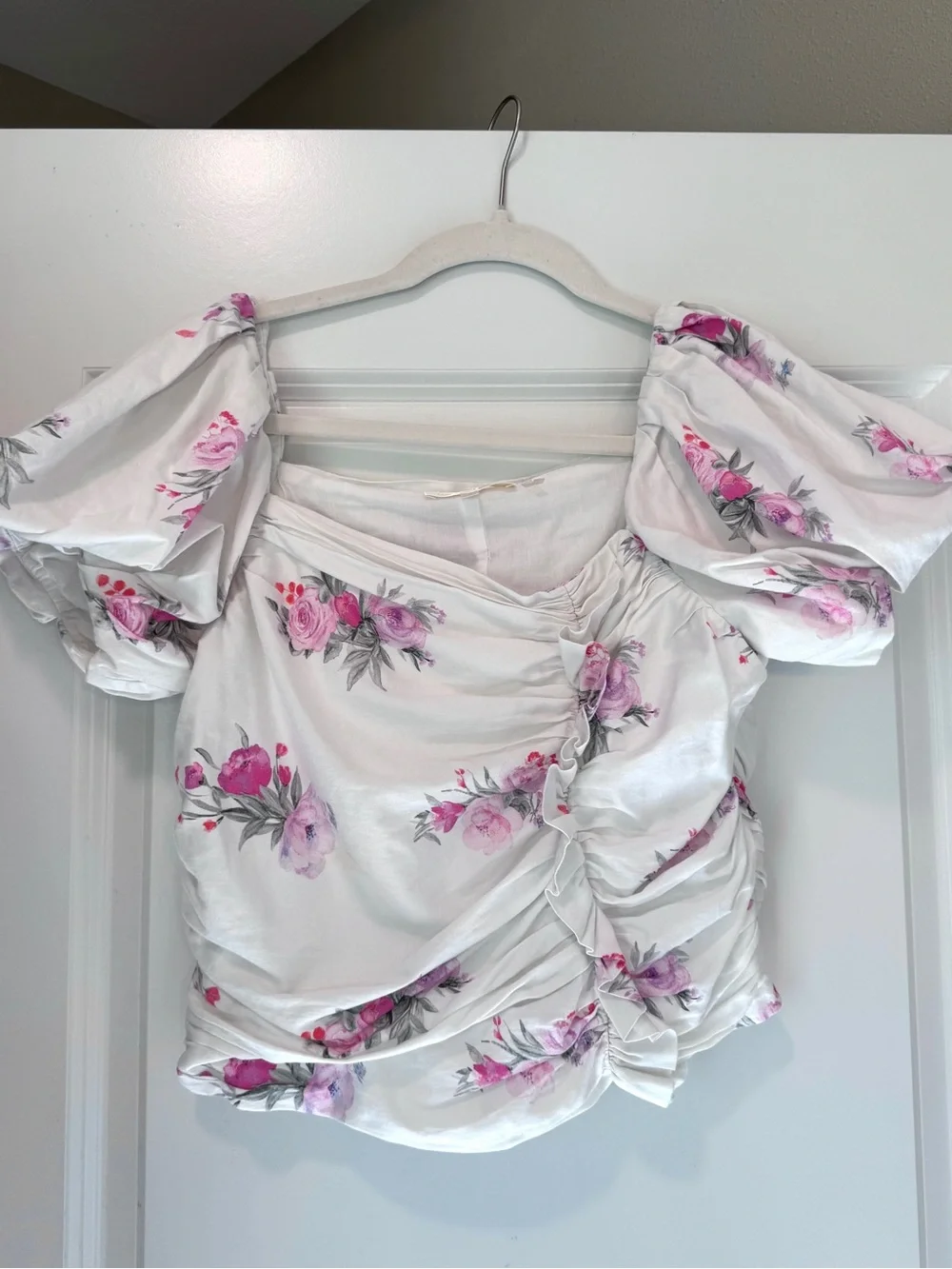 LoveShackFancy Dalima White Top Puff-Sleeve Floral Ruched Ruffled Puff 8